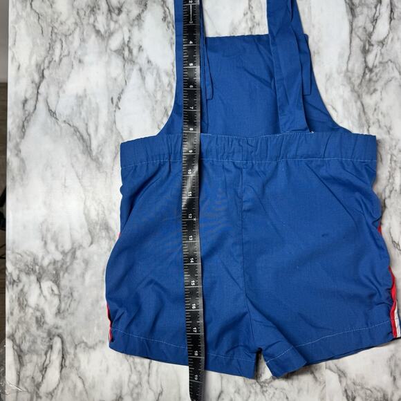 Vintage Bryan Baby Boy Blue Overall Romper Red White Stripe USA made 12-18 Mo - Picture 4 of 6